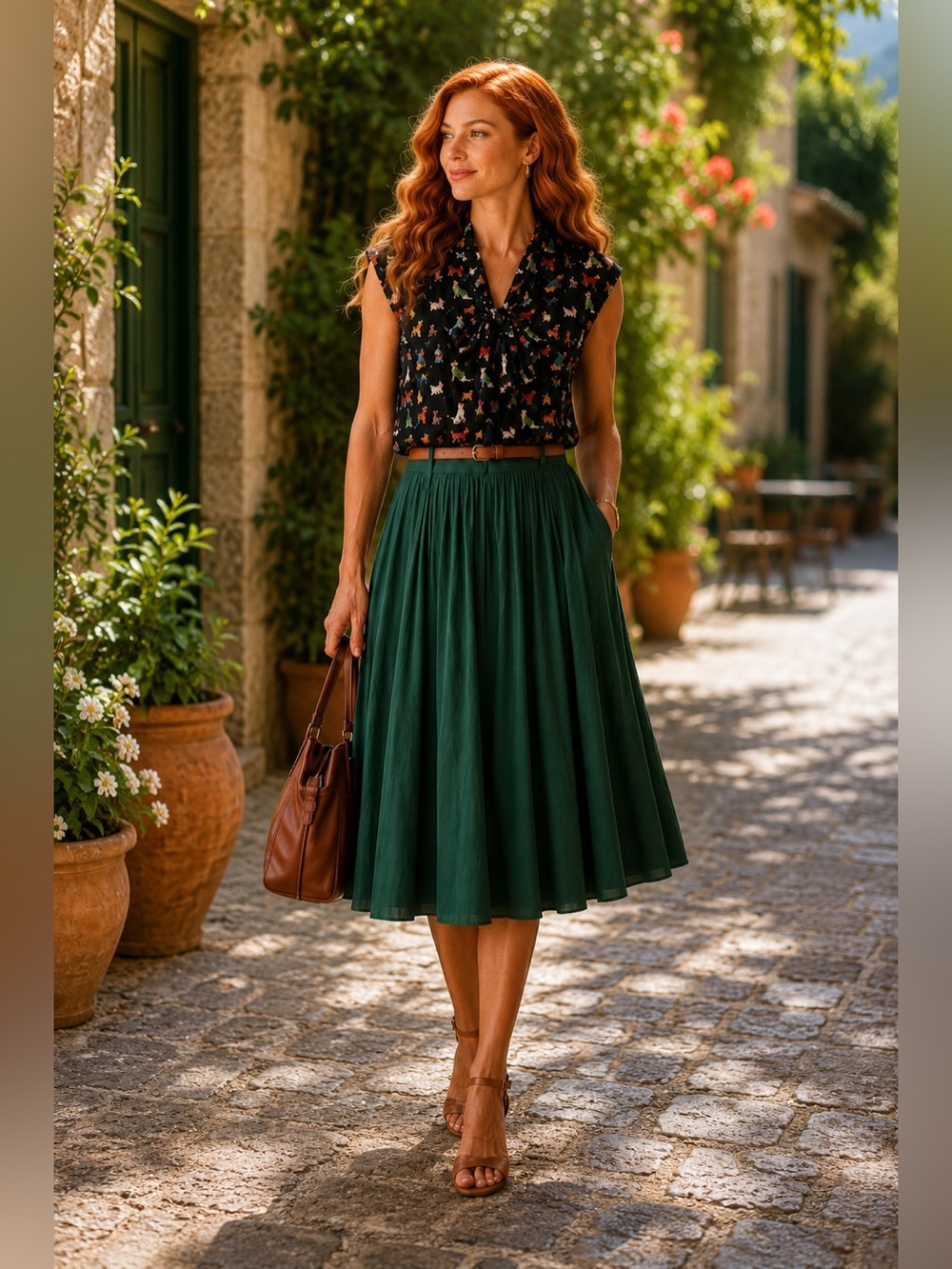 NWT Forest Green Midi Skirt with Gathered Waist Brown Belt Lined Pockets